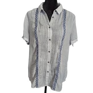 Chic By Jacob Sheer Short Sleeve Button-Up Blouse Top with Lace Detail Large